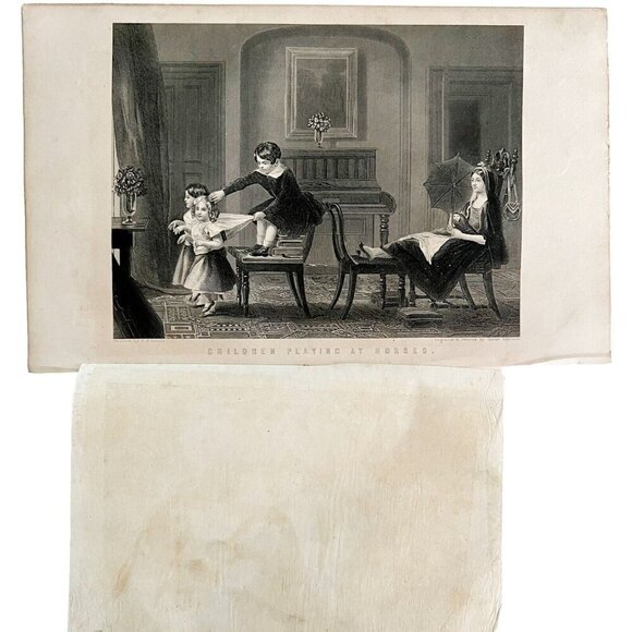 1859 Engraving Children Playing Horses Victorian Mother Children Art DWY5E - Picture 2 of 2